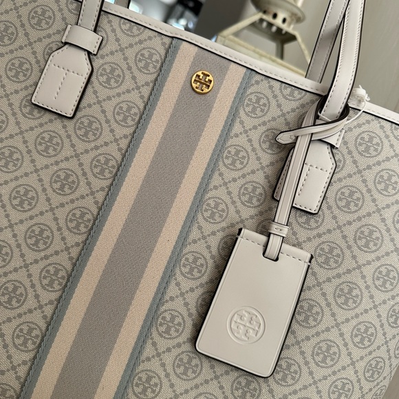 New💝 tory burch geo logo tote gray gro with stripe - Picture 6 of 13